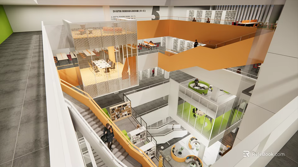 Modern Sales Office Interior Design With Multi Level Space Open Staircase And Lounge Areas 3d model 
