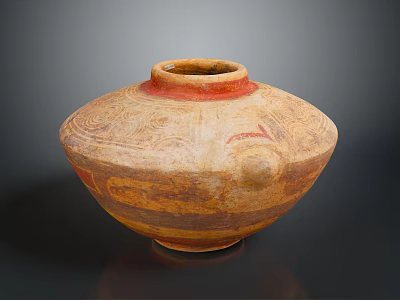 Sculptural Carving of Ancient Terracotta Vessel with Red Brown Patterns and Round Shape 3d model