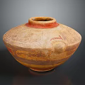 Sculptural Carving of Ancient Terracotta Vessel with Red Brown Patterns and Round Shape