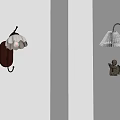 Lit Wall Lamps Featuring Wooden Base White Shade Metal Bracket And Decorative Figurine