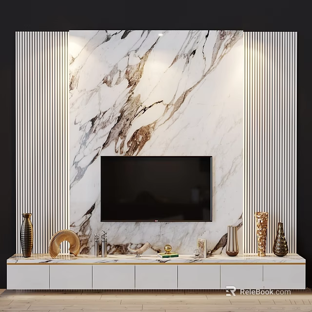 Modern Elegant Marble TV Backdrop With Mounted TV And Decorative Items 3d model