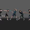 Women Dancing In Athletic Wear With Dynamic Movements Against Gray Background And Shiny Floor