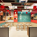Colorful Restaurant Interior With Red Blue Walls Hanging Lights Tables Chairs And Menu Posters