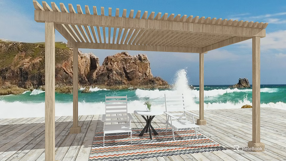 Coastal Wooden Pergola with White Chairs Small Table Striped Rug and Ocean View 3d model 