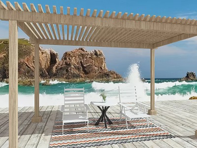 Coastal Wooden Pergola with White Chairs Small Table Striped Rug and Ocean View 3d model