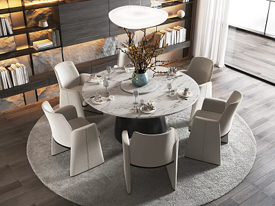 Modern Round Dining Table Set With Marble Top Six Chairs Gray Rug And Chandelier 3d model
