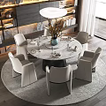 Modern Round Dining Table Set With Marble Top Six Chairs Gray Rug And Chandelier