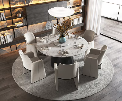 Modern Round Dining Table Set With Marble Top Six Chairs Gray Rug And Chandelier 3d model
