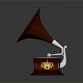 Vintage Gramophone with Red Horn Wooden Base and Golden Decorations as Classic Home Living Accessory
