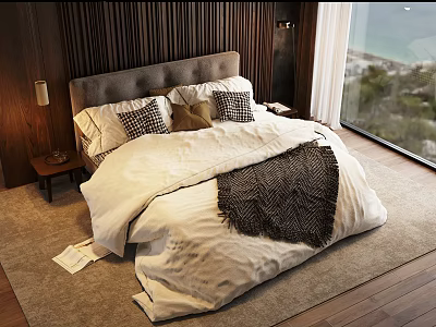 Double Bed Upholstered Headboard White Bedding Pillows Dark Blanket Nightstand Lamp Large Window Sea View 3d model