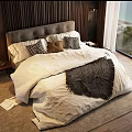 Double Bed Upholstered Headboard White Bedding Pillows Dark Blanket Nightstand Lamp Large Window Sea View