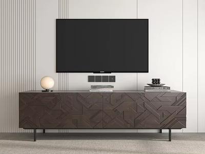 Dark Geometric Pattern TV Stand With Round Lamp TV And Books In Light Striped Wall 3d model