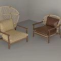 Two Modern Single Sofas With Rattan Backrest Wooden Frame And Beige Brown Cushions