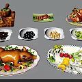 Assorted Food Platter Featuring Roasted Pork Turkey Fresh Fruits And Mixed Vegetables
