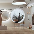 Luxe Essentials Clothing Store Modern Interior With Circular Window Hanging Clothes And Display Stand