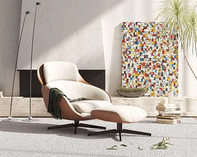 Modern Upholstered Beige Chaise Lounge With Ottoman Fireplace Colorful Art Painting And Potted Plant 3d model
