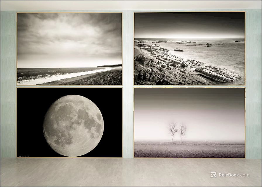 Black and White Landscape Art with Seaside Road Rocks Moon and Two Trees 3d model 