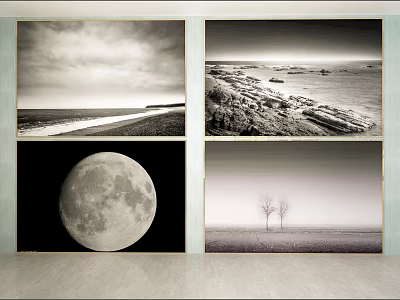 Black and White Landscape Art with Seaside Road Rocks Moon and Two Trees 3d model