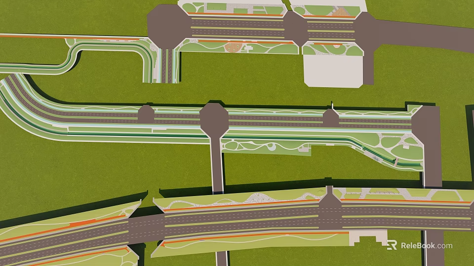 Park Landscape Design Featuring Road Layout Green Spaces Pathways and Circular Plazas 3d model