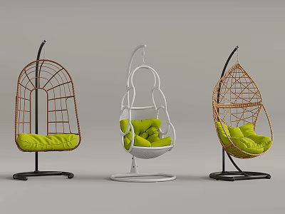 Three Stylish Wicker Hanging Chairs With Green Cushions And Metal Base Stands 3d model