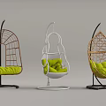 Three Stylish Wicker Hanging Chairs With Green Cushions And Metal Base Stands