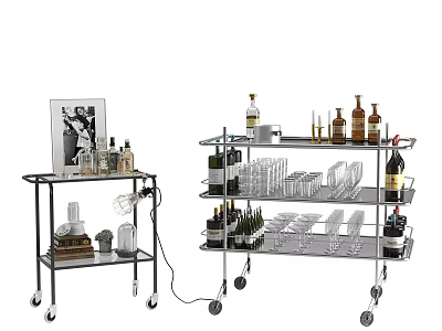 Wheeled Metal Trolleys With Wine Bottles Glassware And Decorative Items 3d model