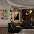 Warm Retro Open Plan Living And Dining Room Interior With Black Leather Sofas And Bookshelves