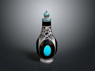 Elegant Decorative Bottle With Black Body Silver Filigree And Blue Accents 3d model