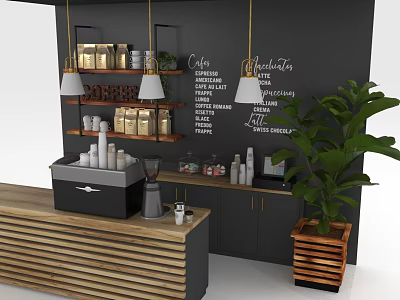 Modern Shop Front Counter With Hanging Lights Shelves Coffee Products And Green Plant 3d model