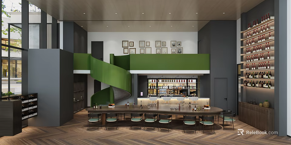 Modern Café Interior Design With Green Spiral Staircase Bar Counter And Framed Artworks 3d model 