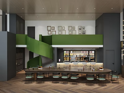 Modern Café Interior Design With Green Spiral Staircase Bar Counter And Framed Artworks 3d model