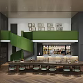Modern Café Interior Design With Green Spiral Staircase Bar Counter And Framed Artworks