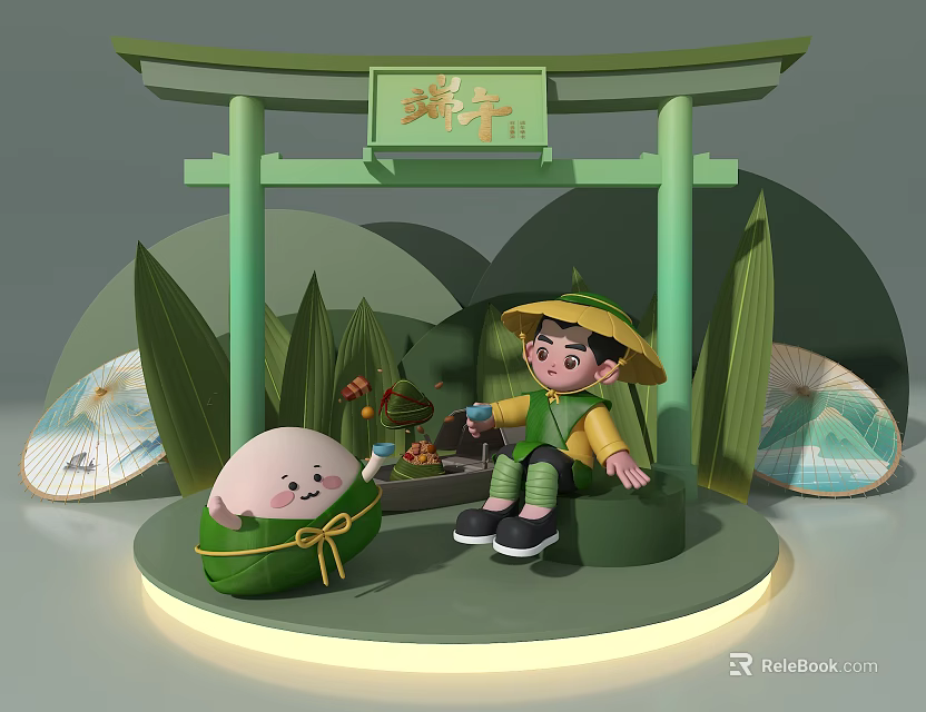 Dragon Boat Festival Themed Window Display Decoration With Green Archway Cartoon Figure And Zongzi Doll 3d model 