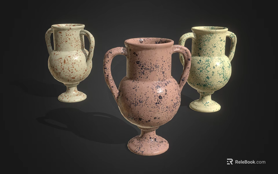 Green Decorative Plants in Colorful Speckled Vases with Handles on Black Background 3d model 