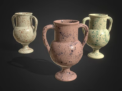 Green Decorative Plants in Colorful Speckled Vases with Handles on Black Background 3d model
