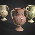 Green Decorative Plants in Colorful Speckled Vases with Handles on Black Background