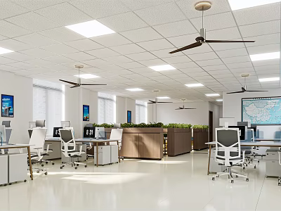 Public Office Space With Desks Computers Ergonomic Chairs Ceiling Fans Green Plants And Natural Light 3d model