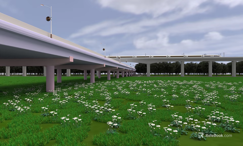 Modern Concrete Bridge With Lamp Posts Over Green Meadow White Flowers And Scenic Sky 3d model 