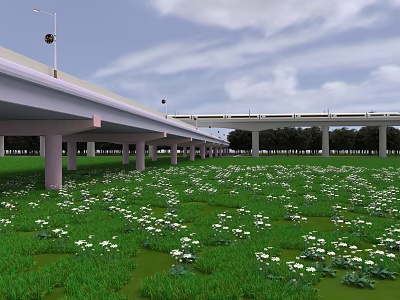 Modern Concrete Bridge With Lamp Posts Over Green Meadow White Flowers And Scenic Sky 3d model