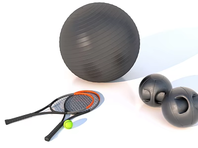 Essential Sports Equipment With Black Exercise Ball Tennis Racket And Medicine Balls 3d model