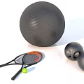Essential Sports Equipment With Black Exercise Ball Tennis Racket And Medicine Balls