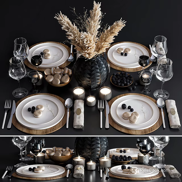 Elegant Modern Tableware Set With Ceramic Plates Glass Goblets Metal Cutlery And Decorative Candle Holders 3d model 