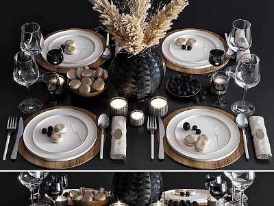 Elegant Modern Tableware Set With Ceramic Plates Glass Goblets Metal Cutlery And Decorative Candle Holders 3d model
