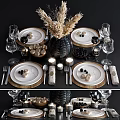 Elegant Modern Tableware Set With Ceramic Plates Glass Goblets Metal Cutlery And Decorative Candle Holders