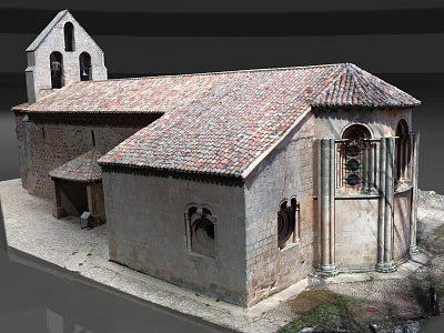 European Architecture With Red Tiled Roof Stone Walls And Arched Windows 3d model