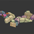 Essential Household Supplies Collection with Wooden Crates Canvas Sacks Metal Barrels and Trolley