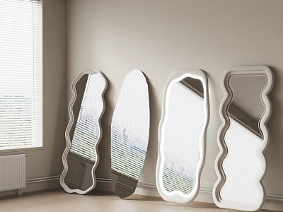 Four Various Shaped Mirrors Leaning Against Light Colored Walls With Window And Light Wooden Floor 3d model