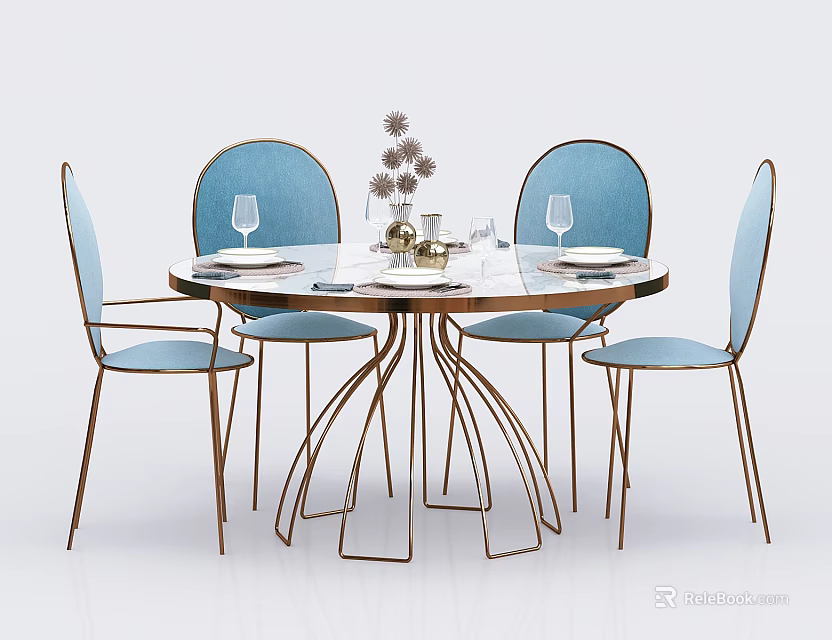 Elegant Round Dining Table Set With Blue Chairs Metal Frame And Decorative Vase 3d model