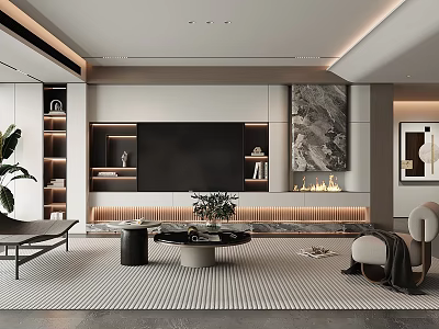Modern Living Room Interior With TV Wall Fireplace Marble Decor And Green Plant Area Rug 3d model