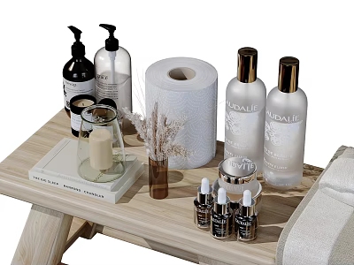 Stylish Bathroom Ensemble with Pump Bottles Toilet Paper Roll Candle Serum Bottles and Towel 3d model
